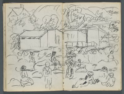 Skissbok, The Dells, nr 127, sidan 114  115: Landskap med figurer och byggnader av Maurice Prendergast