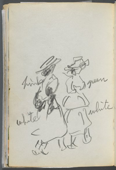 Skissbok, The Dells, nr 127, sidan 144: Två gående figurer med färganteckningar av Maurice Prendergast