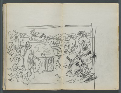 Skissbok, The Dells, nr 127, sidan 154  155: Landskap med hus av Maurice Prendergast