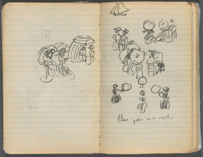 Skissbok, sidan 110 111: Studie till figurer på en strand av Maurice Prendergast