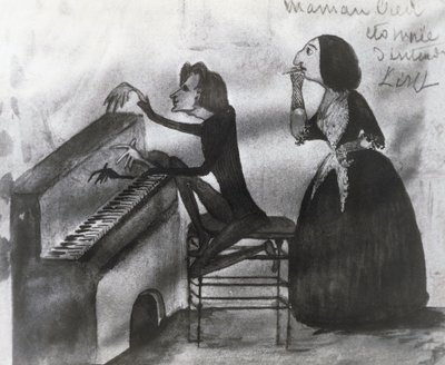 Karikatyr av Franz Liszt (1811-1886) och George Sand (1804-1876) i Nohant 1832, teckning av Maurice Sand (1825-1889) av Maurice Sand