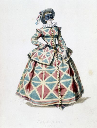 Harlequin kostym och mask 1855, kvinnlig karaktär av Harlequin i commedia dell