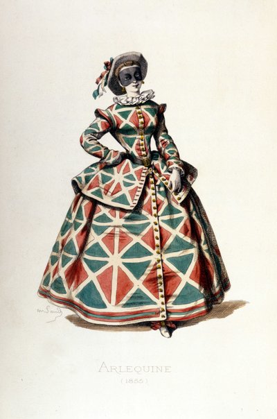 Harlequin kostym och mask 1855, kvinnlig karaktär av Harlequin i commedia dell