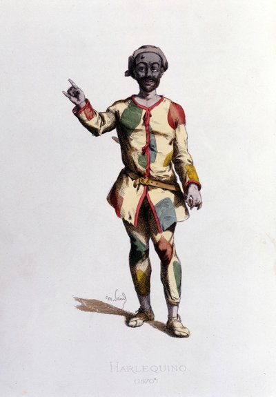 Harlekin 1570. Maurice Sand "" Masks and Jesters"" Paris 1800-tal. (Maurice Sand var son till George Sand) av Maurice Sand