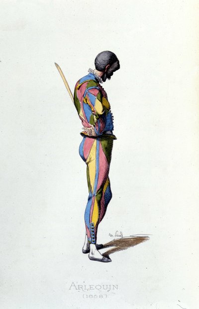 Harlequin 1858. Maurice Sand "" Masks and Jesters"" Paris 1800-tal. (Maurice Sand var son till George Sand) av Maurice Sand