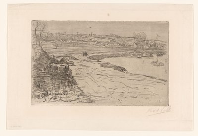 Landskap med hus och vatten med förtöjda segelbåtar av Maurits van der Valk (signed by artist)
