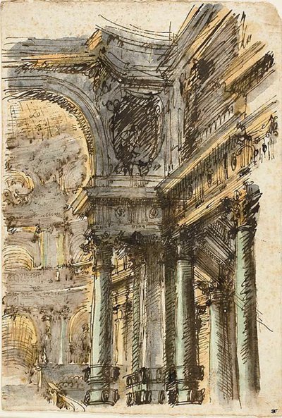 Arkitektonisk Fantasy (recto); Arkitektoniska detaljer (verso) av Mauro Antonio Tesi
