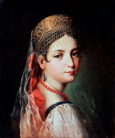 Porträtt av en ung kvinna i Sarafan och Kokoshnik, 1820-talet. av Mauro Gandolfi