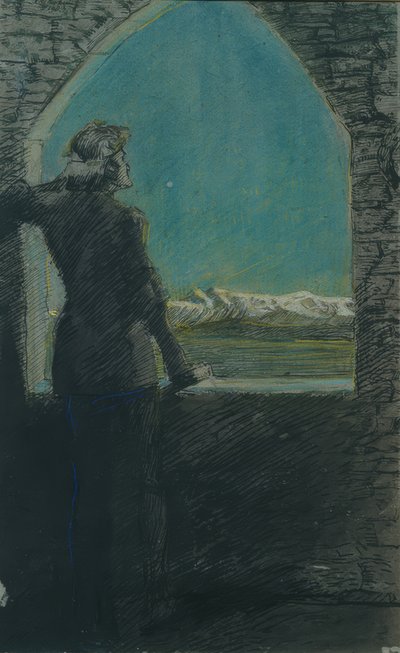 Kransad ung man, tittar i fjärran från en gammal vägg av Max Beckmann