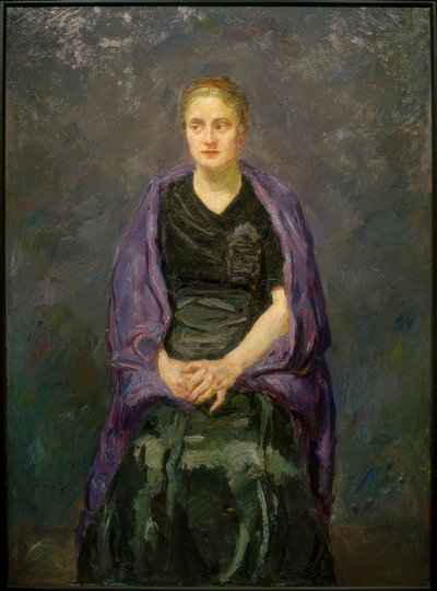 Porträtt av Minna Beckmann-Tube med lila halsduk av Max Beckmann