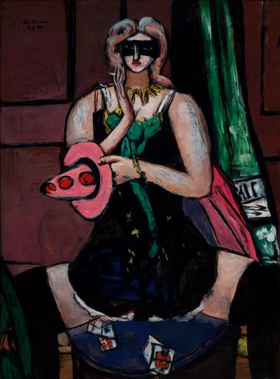 Karnevalsmask, grön, violett och rosa (akleja) av Max Beckmann