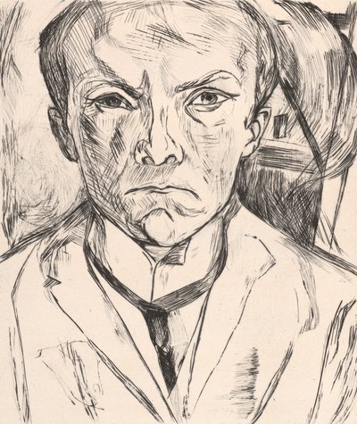 Självporträtt framifrån med husgavel i bakgrunden av Max Beckmann