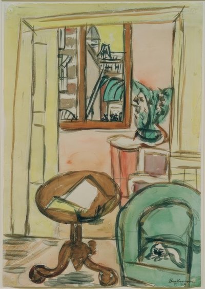 Inredning med ett runt bord av Max Beckmann