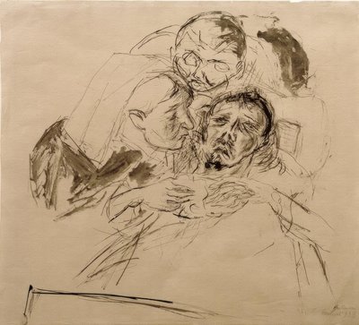 Sjuksköterska och mansfigur, böjd över en sjuk person av Max Beckmann