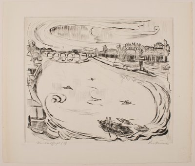 Main River Landscape, skylt 6 från portföljen "Faces" av Max Beckmann