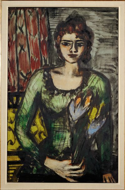 Porträtt av Quappi (Beckmanns andra fru Mathilde) med grön tröja av Max Beckmann