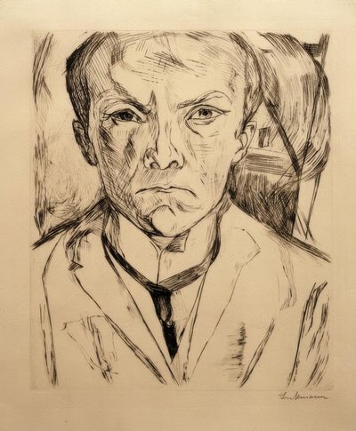 Självporträtt framifrån, husgavel i bakgrunden av Max Beckmann