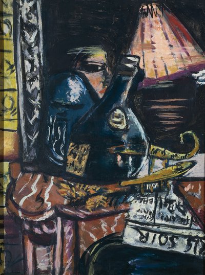 Stilleben med sned snapsflaska och Buddha av Max Beckmann