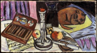Stilleben med en silverljusstake (stilleben med katter) av Max Beckmann