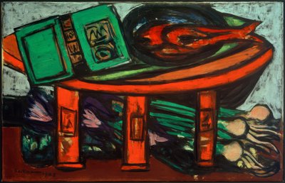 Stilleben med grön bok och rädisor av Max Beckmann