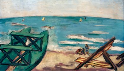 Strand med båt och solstol av Max Beckmann