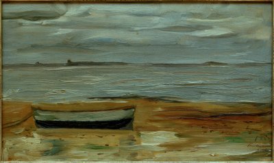 Strand med en grå båt och grått hav av Max Beckmann