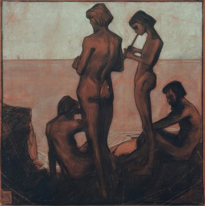 Fyra unga män vid havet (Unga män vid havet - Fyra mansfigurer vid havet) av Max Beckmann
