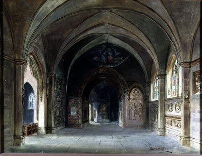 Dekoration för "" Die Meistersinger"" eller "" Les maitres singteurs de Nuremberg", opera av Richard Wagner. Scenografi av Bruckner, Akt I. Wagner Museum Bayreuth. av Max Bruckner