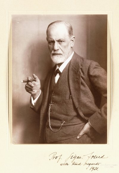 Ett signerat fotografi av Sigmund Freud, ca 1921 (sepiafoto) av Max Halberstadt