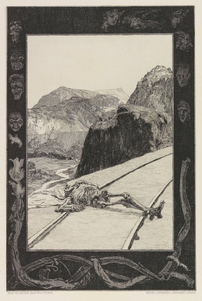 On the Tracks, plåt 8 från portfolion On Death, Del I, Opus XI, 1897. av Max Klinger