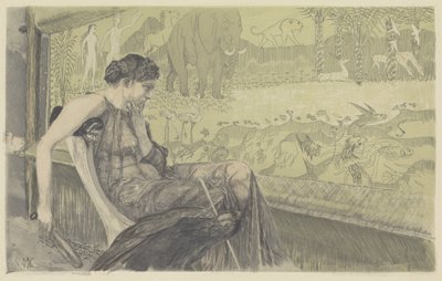 Penelope, vilsen i tankar, tittar på sin vävstol av Max Klinger