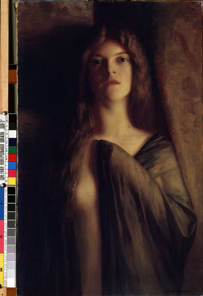 Porträtt av en ung kvinna"" (Porträtt av en tjej) Ung tjej med ett sorgset och dystert uttryck, klädd i en genomskinlig slöja. Målning av Max Nonnenbruch (1857-1922) (ny konst) Olja på duk. Mikalojus Konstantinas Ciurlionis Fine Arts Museum, Kaun av Max Nonnenbruch