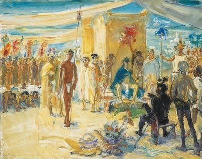 Fernando Cortez före kejsar Montezuma av Mexiko. 1917 av Max Slevogt