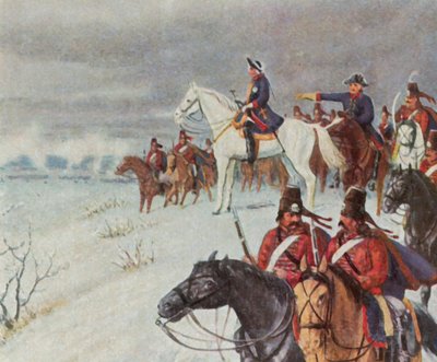 Fredrik den store på Bornerkullen i slaget vid Leuthen, 5 december 1757 (förstärkt färglitografi) av Max Weese