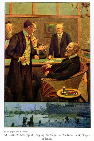 Phileas Fogg tar vadet på Reform Club att han kan resa jorden runt på 80 dagar, illustration från en upplaga publicerad i Berlin av Max Wulff