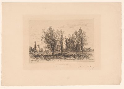 Landskap med en äng och utsikt över en stad Dansa les champs de Cenon. (titel på objekt) av Maxime François Antoine Lalanne (signed by artist)