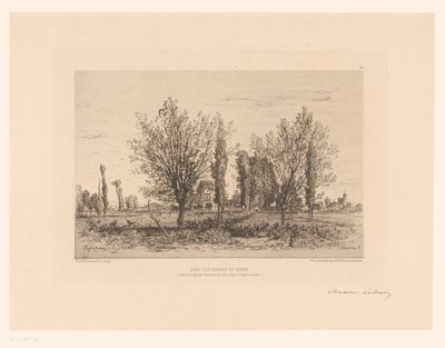 Landskap med en äng och utsikt över en stad Dansa les champs de Cenon. (titel på objekt) av Maxime François Antoine Lalanne (signed by artist)