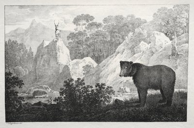 Bergigt landskap med björn i förgrunden. av Maximilian Josef Wagenbauer