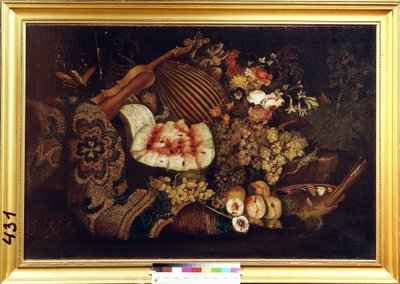 Fortfarande liv. Blommor, vattenmelon, aprikoser, vindruvor, notblad, fiol, mandolin, ödla och palett med färger och penslar. Målning av Maximilian Pfeiler (ca 1660-1720) av Maximilian Pfeiler