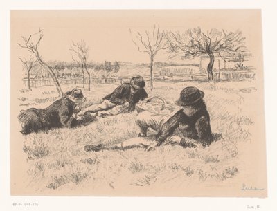 Tre män vilar på en äng av Maximilien Luce (signed by artist)