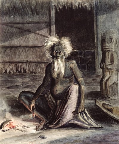 Gubben från Tahiti satt nära en Tiki, ca 1841-48 (penna och bläck och wc på papper) av Maximilien Radiguet