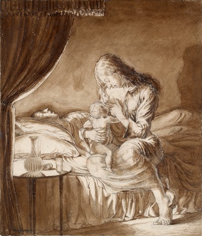 Nattscen-kvinna matar sitt barn, c1900-talet av Maxwell Gordon Lightfoot