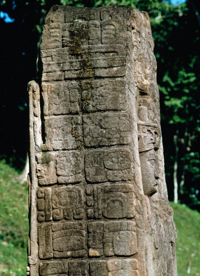Detalj av en stele av det stora torget av Mayan
