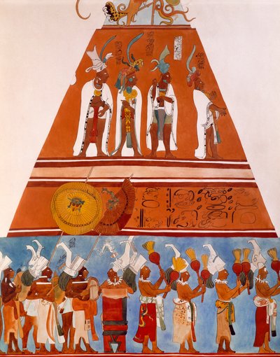 Fresker i Bonampak, Chiapas (Mexiko). Detalj som visar en processionsscen. Maya-civilisationen, 900-talet. av Mayan