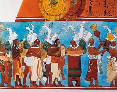 Rekonstruktion av Bonampak-fresker som visar en procession av musiker (väggmålning) av Mayan