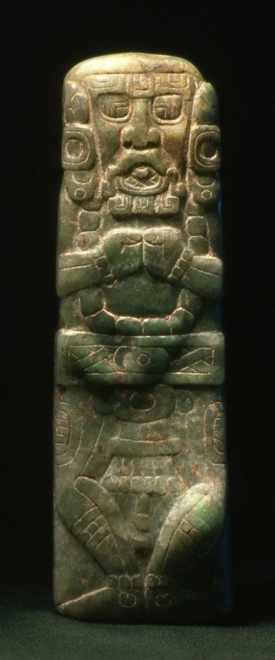 Statyett placerad i invigning nedför den hieroglyfiska trappan, Copan, sen klassisk period (600-900) (jade) av Mayan