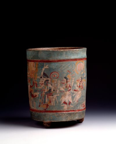 Precolombiansk konst, Mayacivilisation, klassisk period: cylindrisk vas i polykrom lera dekorerar en ceremoniell scen med karaktärer i procession. Från La Lagunita, Quiche, Guatemala. Sol. h. 24,1 x diam. 18,5 cm Guatemala, Museo Nazionale di Archeolo av Mayan Mayan