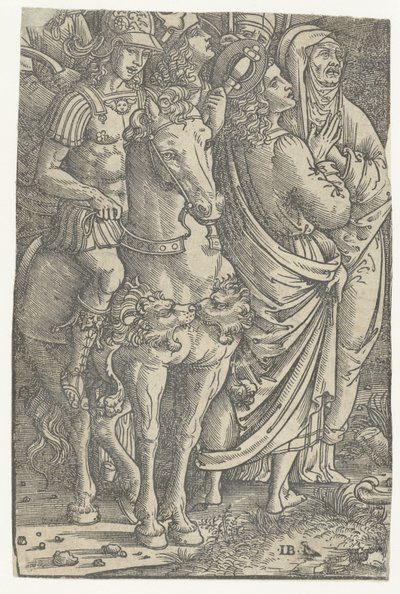 Fragment av en korsfästelse med Johannes evangelisten och Maria och soldater av Meester IB met de vogel
