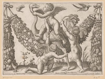Tre putti och en struts Tapisserier av påven (serietitel) Tapezzerie de Papa (serietitel på objekt) av Meester van de Dobbelsteen