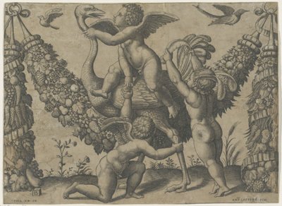 Tre putti med en struts Tapestries of the Pope av Raphael (serietitel) av Meester van de Dobbelsteen